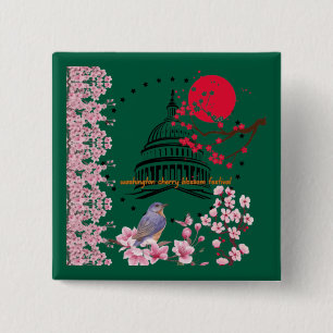 Kirschblüten-Regenfeier Waldgrün Button