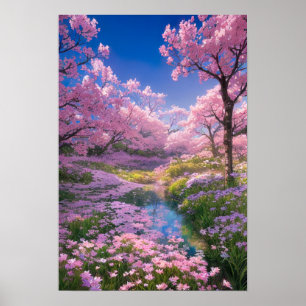 Kirschblüten, rosa Blume und ein sanfter Strom Poster
