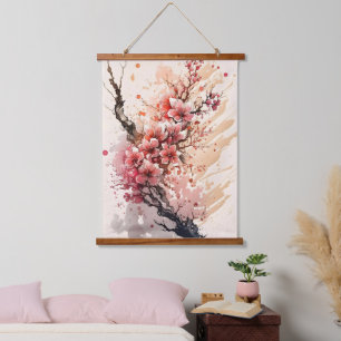 Kirschblüten-Rosa-Rot-Aquarell-Blumen-Blumenmuster Wandteppich Mit Holzrahmen