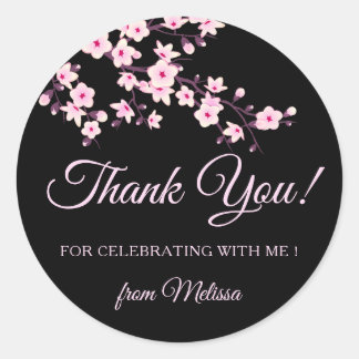 Kirschblüten Rosa Schwarzes Danke Runder Aufkleber