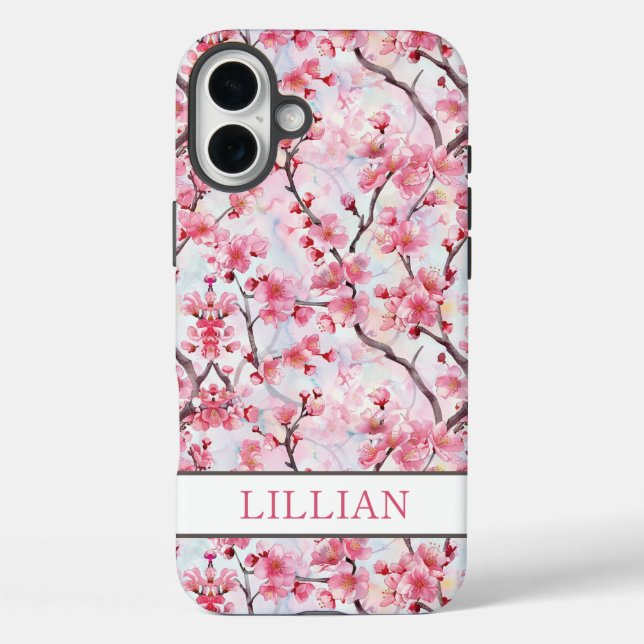 Kirschblüten Sakura Monogramm iPhone 16 Plus Hülle (Rückseite)
