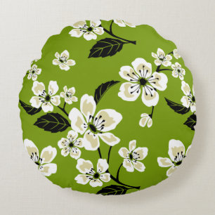 KIRSCHBLÜTEN - SAKURA-MUSTER IN MATCHAGRÜN RUNDES KISSEN
