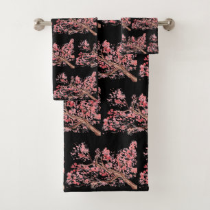 Kirschblüten Sakura Rosa Floral Japanisch Schwarz Badhandtuch Set