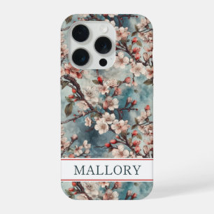 Kirschblüten Türkis Sakura Druck Monogramm iPhone 15 Pro Hülle
