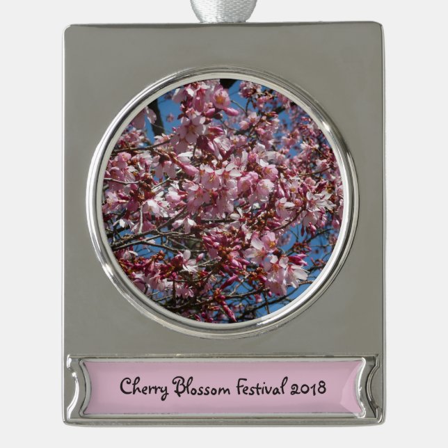 Kirschblüten und Blauer Himmelsblüte Banner-Ornament Silber (Vorderseite)
