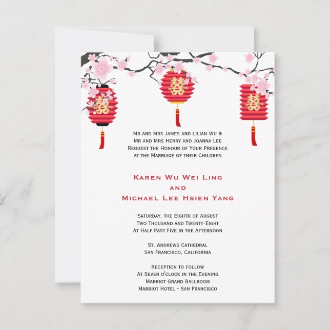 Kirschblüten und Chinesische Laternen Hochzeit Einladung (Vorderseite)