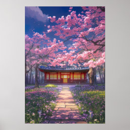 Kirschblüten und ein traditioneller Tempel Poster