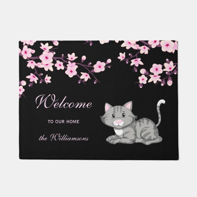 Kirschblüten und katzenrosa Schwarz Begrüßungstür Fußmatte (Vorderseite)