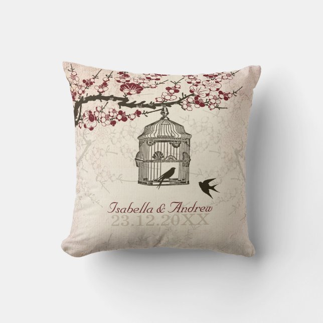 Kirschblüten-und -Liebe-Vögel Kissen (Vorderseite)