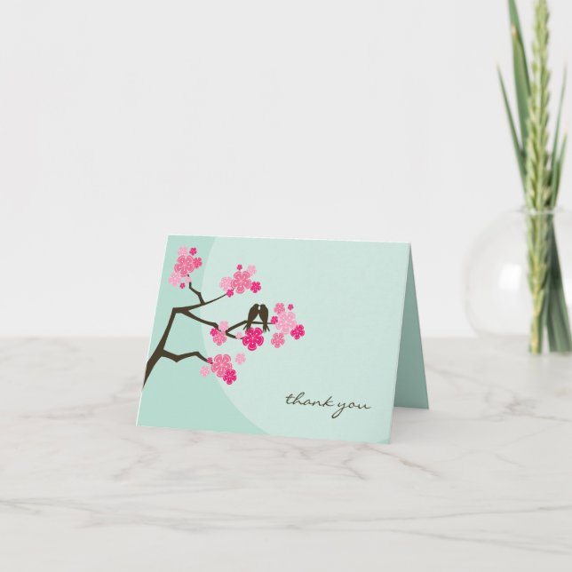 Kirschblüten und liebende Vögel whimsical Wedding Dankeskarte (Vorderseite)