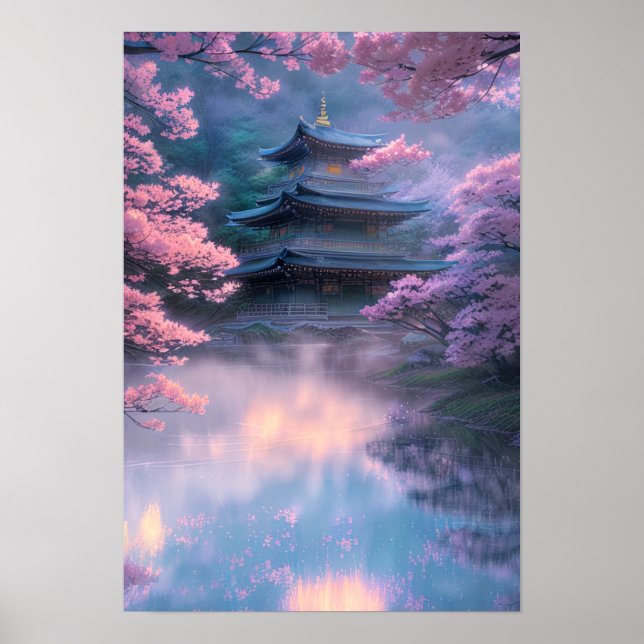 Kirschblüten und Misty Temple Poster (Vorne)