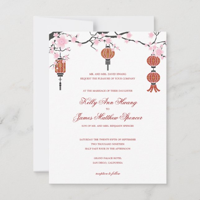Kirschblüten und rote Laternen| Hochzeitskarten Einladung (Vorderseite)