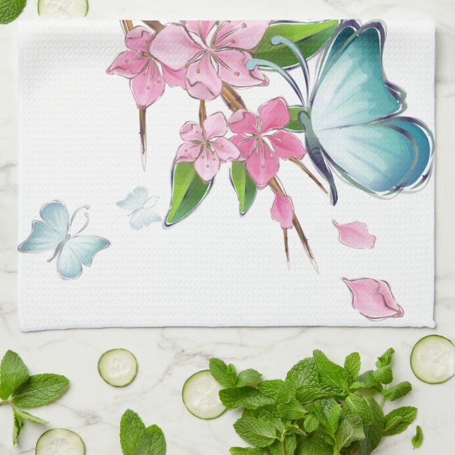 Kirschblüten und Schmetterlinge amerikanisches MoJ Küchentuch (Gefaltet)
