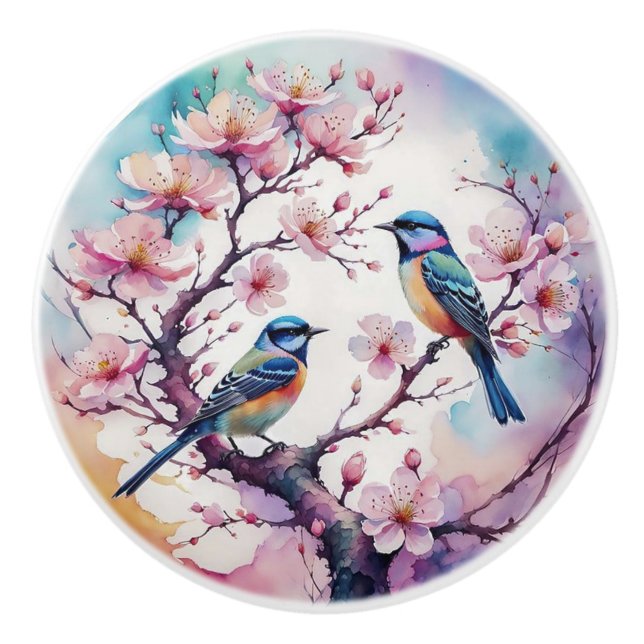 Kirschblüten und Vögel Japanische Knochen Keramikknauf (Vorderseite)