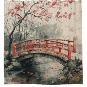 Kirschblütenbrücke Sumi-E-Landschaft (2) Duschvorhang