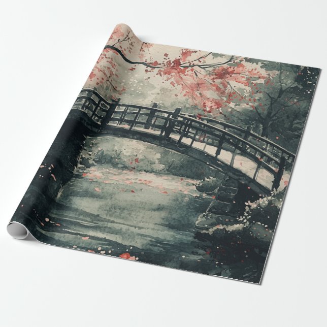 Kirschblütenbrücke Sumi-E Landschaft Geschenkpapier (Ungerollt)