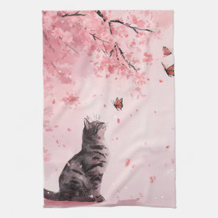 Kirschblütenkatze und Schmetterlinge (12) Geschirrtuch