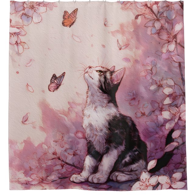 Kirschblütenkatze und Schmetterlinge (2) Duschvorhang (Vorderseite)