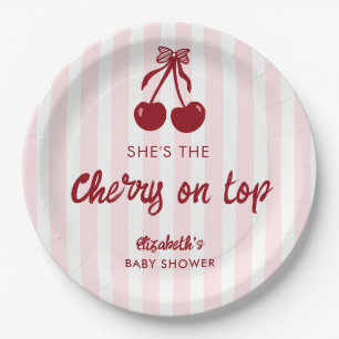 Kirsche auf dem Baby-Shower-Rosa-Streifen-Coquette Pappteller