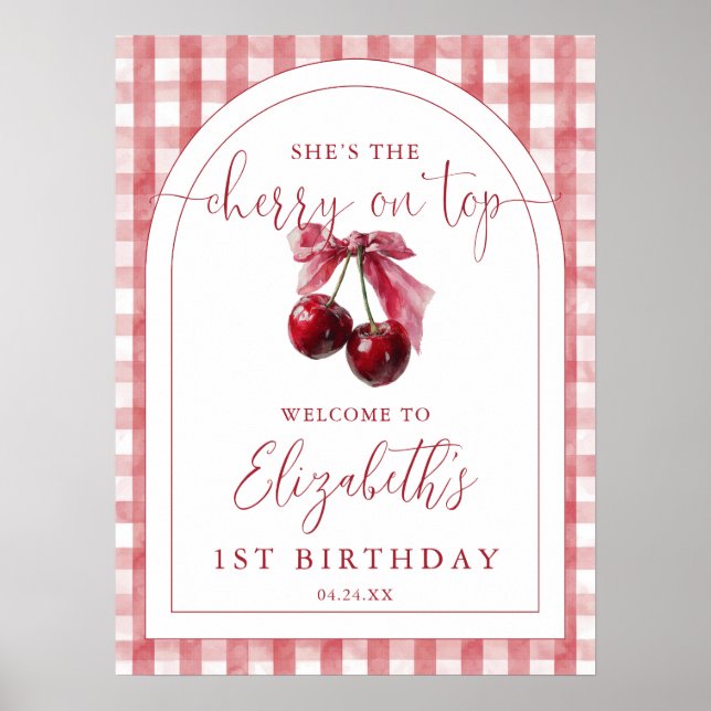 Kirsche auf dem Bow-Birthday-Willkommensschild Poster (Vorne)