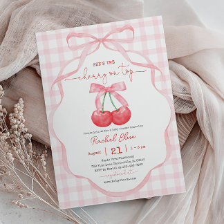 Kirsche auf dem Gipfel mit rosa Schleife Baby Show Einladung