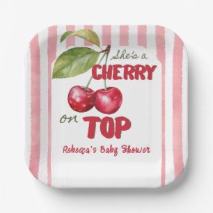 Kirsche auf dem Retro-Rosa-Streifen-Baby-Shower Pappteller