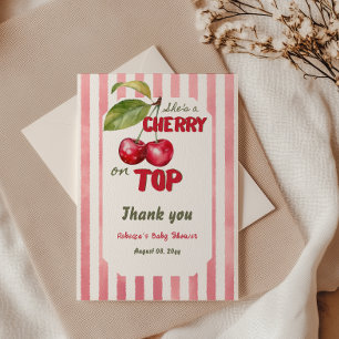 Kirsche auf dem Retro-Rosa-Streifen-Baby-Taufe Dankeskarte