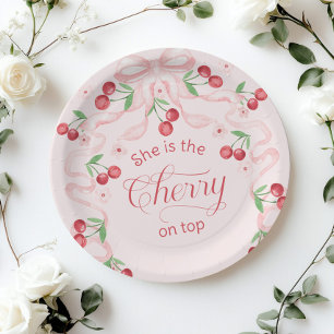 Kirsche auf rosa Schleife Coquette Baby Shower Pappteller
