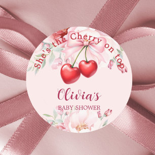 Kirsche auf rosa Schleifenblumen Baby Shower Runder Aufkleber