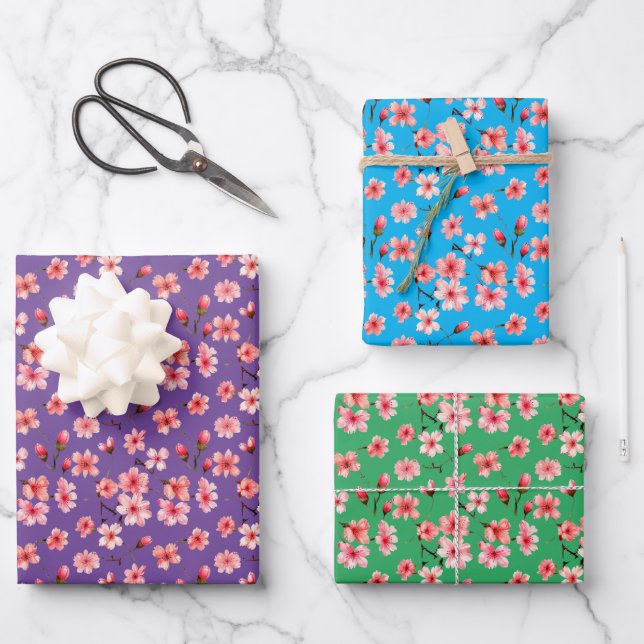Kirsche Blume grün, blau, Lila Hintergrund. Geschenkpapier Set (Vorderseite)