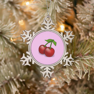 Kirsche, Kirschen, Blätter - rot-grün Schneeflocken Zinn-Ornament