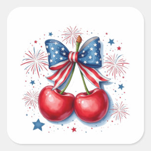 Kirsche mit kokettem Bogen 4. Juli Amerikanisch Quadratischer Aufkleber