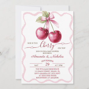 Kirsche Oben Rosa Schleife Baby Shower  Einladung
