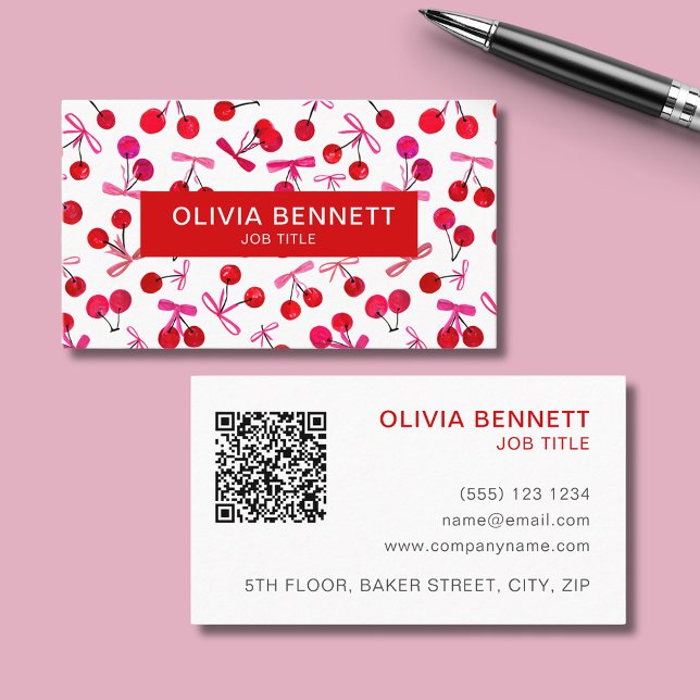 Kirsche und Schleife QR-Code Visitenkarte (Cherry and pink bow cute illustrated professional business cards with custom text and QR code.)