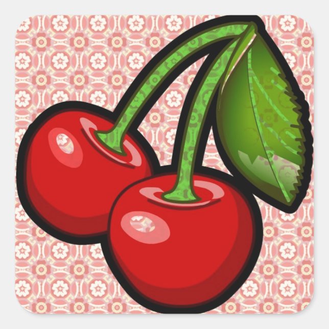 Kirschen auf Blume Quadratischer Aufkleber (Vorderseite)