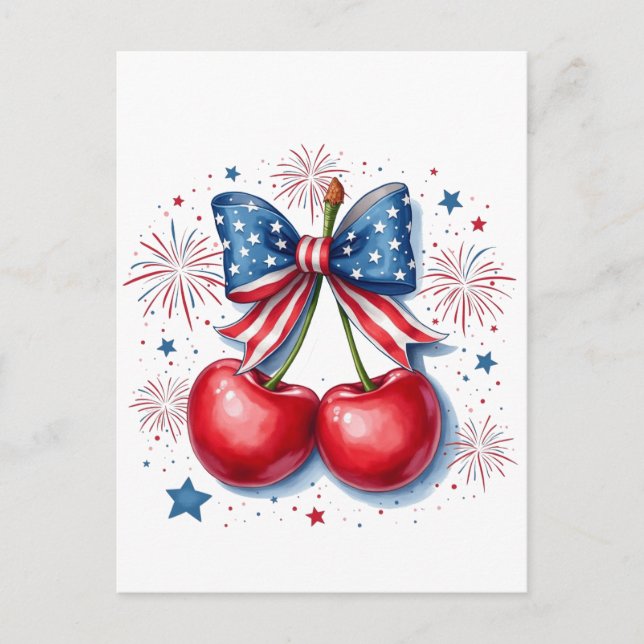 Kirschen mit Coquette Bow 4. Juli Amerikaner Einladungspostkarte (Vorderseite)