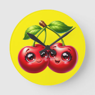 Kirschen mit Smiley Runde Wanduhr