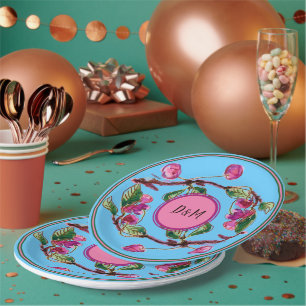 Kirschen Pink Frucht auf Türkis mit Initials Pap Pappteller