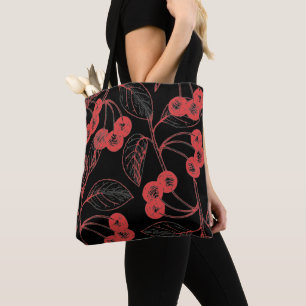 Kirschen und Blätter Rot auf Schwarz Tasche