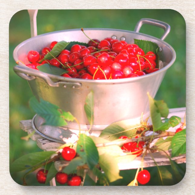 Kirschernte, Hütte Garten Rosalinde Getränkeuntersetzer (Vorderseite)