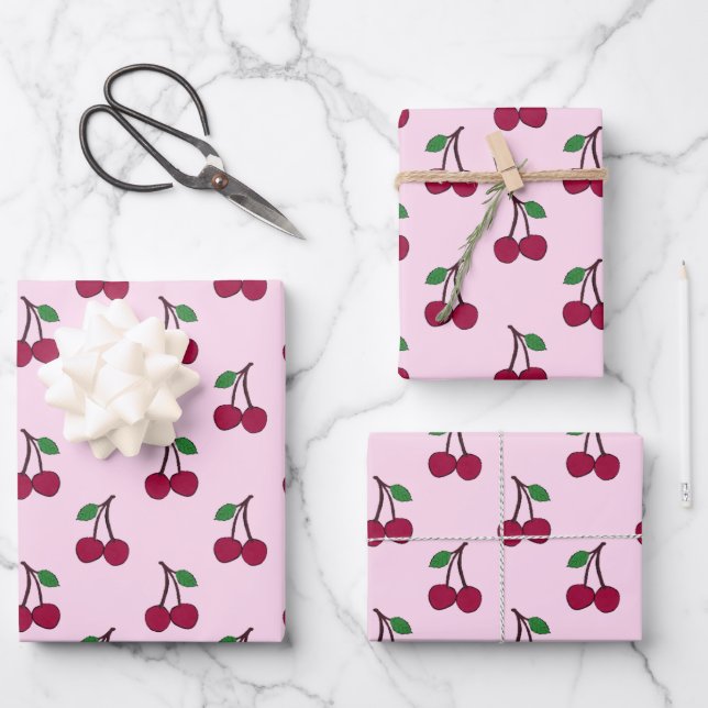 Kirschfruchtmuster in Rosa und Rot Geschenkpapier Set (Vorderseite)