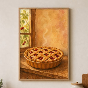 Kirschkuchen-Fensterbank Aquarell Cottagecore-Kuns Poster