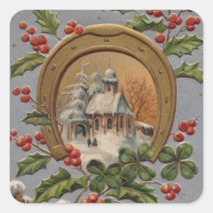 Kirschlorbeer-Vierblatt-Gold-Hufeisen Quadratischer Aufkleber