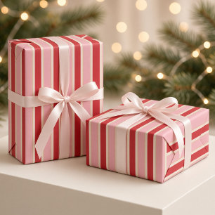 Kirschrot Rosa gestreifte Weihnachts Geschenkpapier