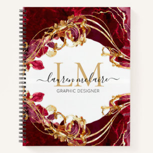 Kirschrot und Gold Monogramm-Name-Script-Notizbuch Notizbuch