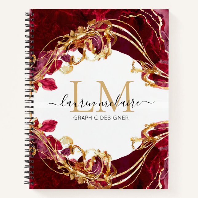 Kirschrot und Gold Monogramm-Name-Script-Notizbuch Notizbuch (Vorderseite)