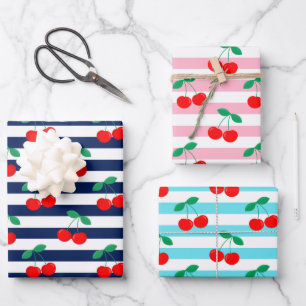 Kirschstreifen-Muster – Retro-Frucht-Geschenk & De Geschenkpapier Set