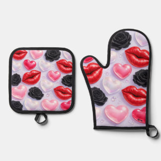 Kiss and roses ofenhandschuh & Topflappen-Set