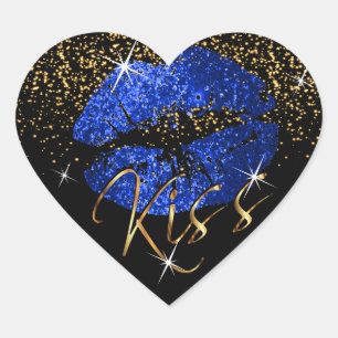 Kiss Bright Blue und Gold Glitzer Lips Herz-Aufkleber