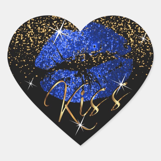 Kiss Bright Blue und Gold Glitzer Lips Herz-Aufkleber (Vorderseite)